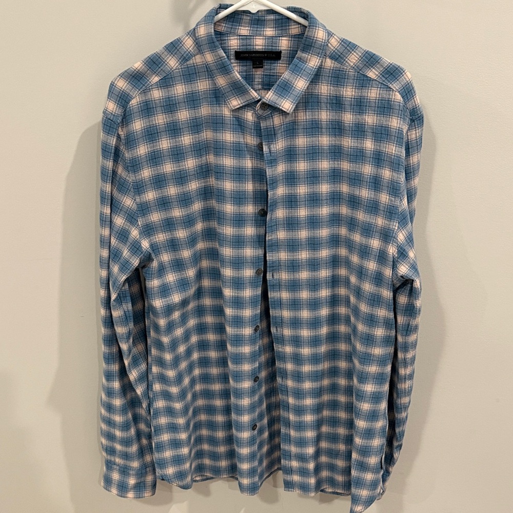 John Varvatos Blue and White Plaid Button-Down Shirt